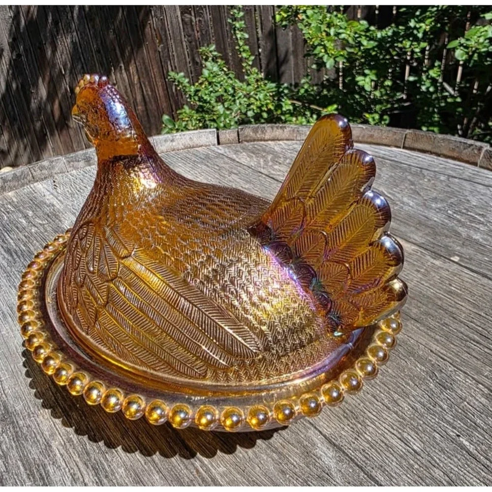 Indiana Glass Amber iridescent Carnival Glass Hen on Nest Covered Dish Rare VTG